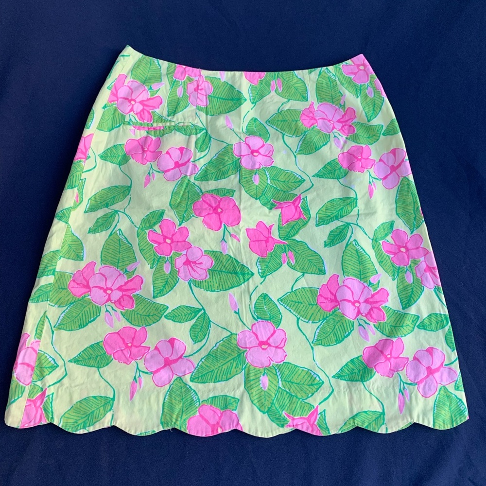 Vintage Lilly Pulitzer Hawaiian Print Skirt With Scalloped Hem Size 8 Pink Green